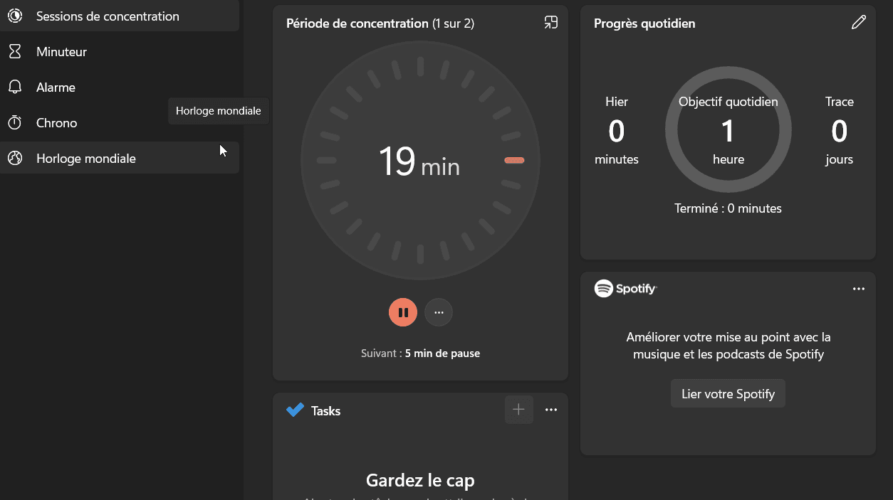 Windows 11 offre un outil intégré de gestion du temps de concentration et des pauses planifiées.