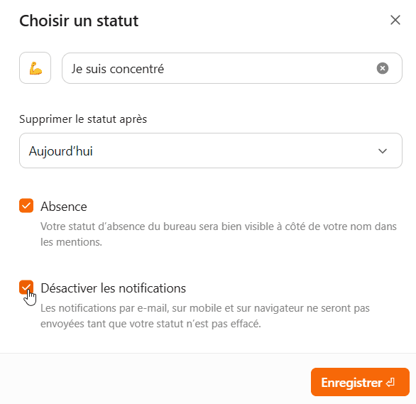 Options de configuration d'un statut occupé dans ClickUp. Options de configuration d'un statut occupé dans ClickUp.